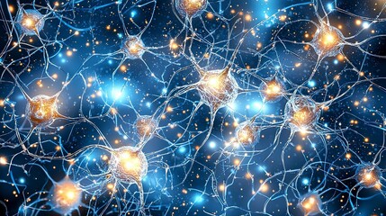 Poster - Abstract depiction of interconnected neurons glowing in a blue digital environment, symbolizing neural networks and technology.