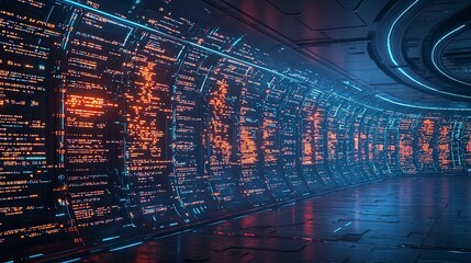 Poster - Futuristic hallway with glowing blue and orange data displays, creating a high-tech atmosphere in a sci-fi environment.