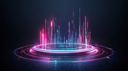 Poster - Digital abstract scene with glowing lines and circles in vibrant pink and blue hues, suggesting technology and energy.