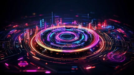 Poster - Vibrant digital circles with glowing neon lights against a dark background, symbolizing technology and futuristic innovation.