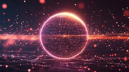 Poster - A glowing sphere surrounded by vibrant particles and light trails, conveying a sense of energy and technology in a dark background.