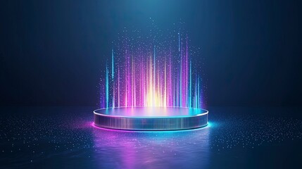 Poster - A vibrant, futuristic display of glowing neon bars rising from a circular base, set against a dark background with particles shimmering around.