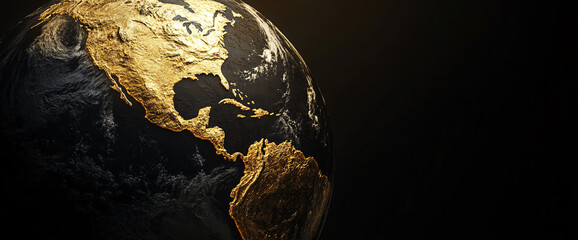 Aufkleber - Golden earth with North America highlighted against a dark background, symbolizing global connections, technological growth, and environmental challenges.