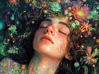 Wall Mural - A surreal portrait of a woman surrounded by vibrant flowers and colors.