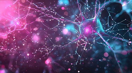 Poster - Vibrant digital illustration of neurons, showcasing connections in a colorful and abstract manner with pink and blue hues.