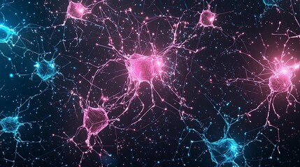 Poster - Abstract neural network visualization with vibrant pink and blue nodes interconnected against a dark background.