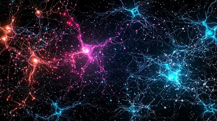 Poster - Abstract cosmic network with vibrant blue and pink connections against a dark backdrop, resembling a digital universe or neural pathways.