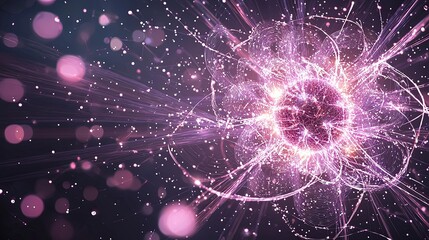 Poster - Vibrant abstract representation of energy, light, and particles with a cosmic feel, showcasing dynamic movement and interconnectivity.