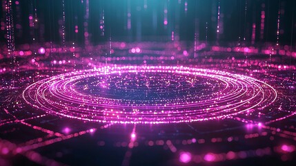 Poster - Colorful digital vortex with glowing particles and a grid-like background, creating a sense of depth and motion.
