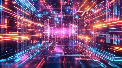 Poster - Vibrant, abstract digital space with glowing lines and colorful lights, creating a sense of movement and depth.