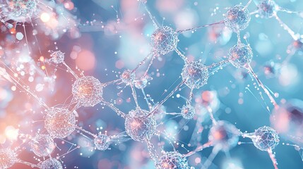 Poster - Abstract representation of molecular structures with glowing nodes and a soft blue background, illustrating scientific concepts and connections.