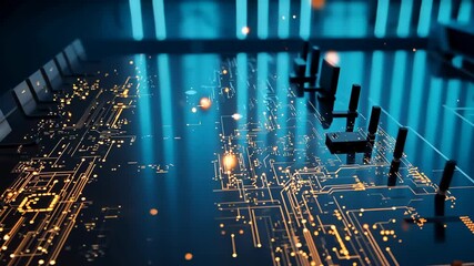 Poster - Futuristic data center with circuit patterns and digital chairs in motion