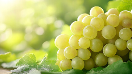 Poster - A close-up of green grapes with sunlight and leaves.