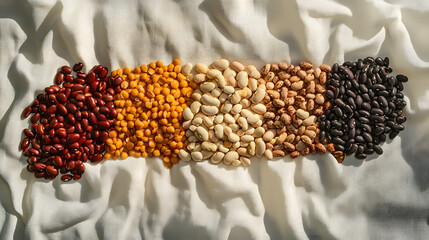 a beautiful array of beans arranged on a pristine white cloth, highlighting the colors and textures 