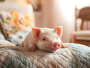 Poster - Cute little piggy stays on cozy sofa in a living room