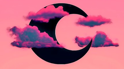 Wall Mural - Crescent moon hidden behind pink clouds in a dreamy, surrealist artwork. Pink and purple hues dominate this artistic rendering of a nighttime scene.