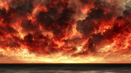 Wall Mural - Fiery sunset over a calm ocean. The intense red and orange hues create a dramatic and captivating scene.