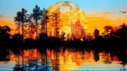 Poster - Silhouetted trees and city skyline reflected in a calm lake at sunset, creating a surreal and vibrant image.