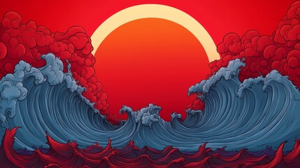 Wall Mural - Intense stylized artwork depicting powerful ocean waves crashing against a fiery red sunset.