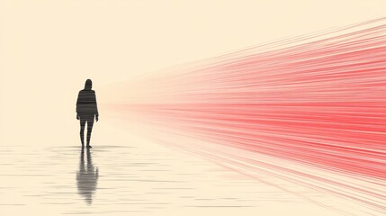 Sticker - Silhouette of a woman standing before a radiant, pink light stream. A minimalist, evocative image.