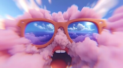 Wall Mural - Surreal image of a fluffy pink cloud wearing sunglasses, reflecting a vibrant sky. Dreamy and whimsical!