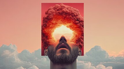 Wall Mural - Surreal portrait of a man with fiery clouds erupting from his head against a soft, cloudy sky.  Intense colors and textures create a dramatic mood.