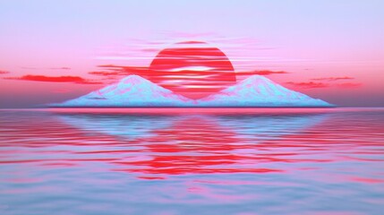 Wall Mural - Vibrant sunset over serene mountains reflected in calm water.  Pink and blue hues create a surreal landscape.