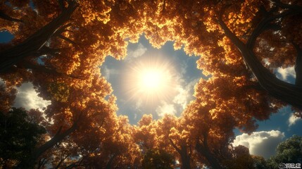 Wall Mural - Golden autumn leaves create a radiant halo around the sun in this breathtaking scene.