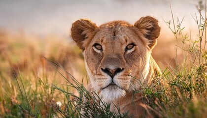 Wall Mural - Vivid Wild Lioness Camouflaged in African Savannah Vegetation, Caught in Striking Moment of Surveillance at Sunset