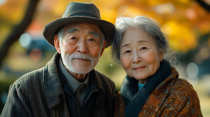 In a green park, under a clear blue sky, Korean, Grandpa is in a wheelchair, and Grandma is standing next to him. The couple, dressed in simple, comfortable clothes in subtle, muted colors, gaze peace