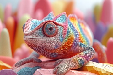Poster - Colorful chameleon resting on vibrant rocks in a surreal landscape full of abstract shapes