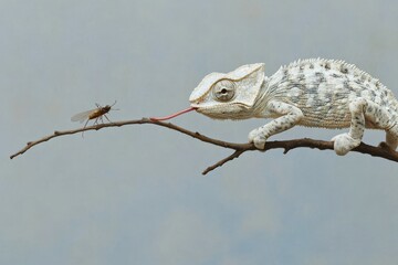 Poster - Chameleon extends tongue towards insect on branch in natural environment