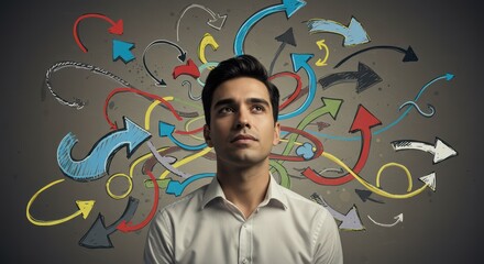 A man surrounded by bright arrows symbolizing the choice of a life path