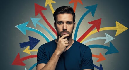 A man surrounded by bright arrows symbolizing the choice of a life path