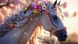 © Tetiana - Grey horse portrait decorated with spring flowers in a dreamy setting with warm light