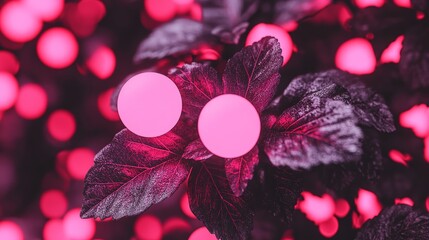 Sticker - Close-up of vibrant pink orbs nestled amongst dark, textured leaves. A captivating contrast of colors and textures.