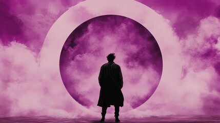 Poster - A man stands before a large, ethereal purple circle, shrouded in mist. A captivating image of mystery and contemplation.