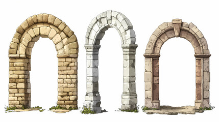 Wall Mural - Set of four ancient stone archways isolated on white background, showcasing different styles and textures in architectural design. Ancient Textures. Illustration