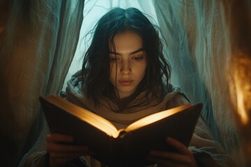 Poster - Young woman engrossed in reading an ancient book inside a cozy makeshift tent during a quiet evening