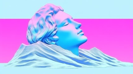 Wall Mural - Serene female bust emerging from a pastel landscape. Dreamy, artistic, and visually striking.