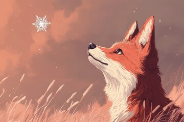 Poster - Fox gazes at falling snowflake in a serene meadow during twilight