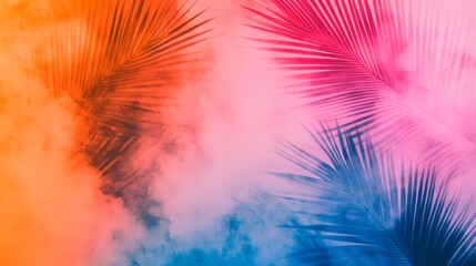 Wall Mural - Vibrant tropical palm leaves silhouetted against a colorful, smoky backdrop.  A summery, dreamy vibe.