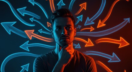 A man surrounded by bright arrows symbolizing the choice of a life path
