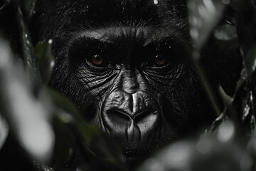 Poster - Majestic gorilla peering through lush greenery in a dense rainforest during early morning light