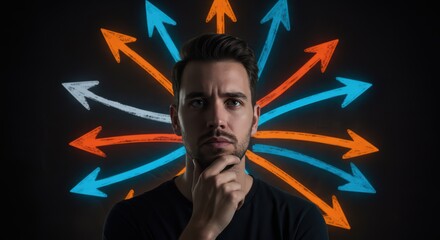 A man surrounded by bright arrows symbolizing the choice of a life path
