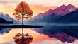 © Vertigo Images - Serene autumn sunset over a calm lake, a single tree stands on a small island, its reflection mirroring the vibrant sky.