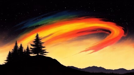 Poster - Silhouette of pine trees against a vibrant, swirling sunset.  A magical, fiery sky.