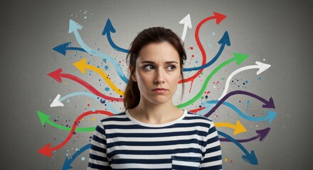A woman surrounded by bright arrows symbolizing the choice of a life path