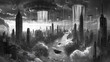© Thiago - Fantasy city where skyscrapers cascade waterfalls, liquid silver streets, and cloud rafts float under an upside-down sky of falling raindrops. Inverted Reality. Illustration