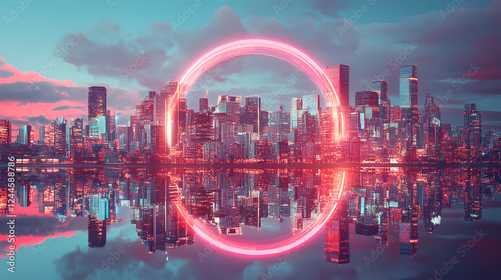 A futuristic city skyline splits open as a circular rift reveals a ...